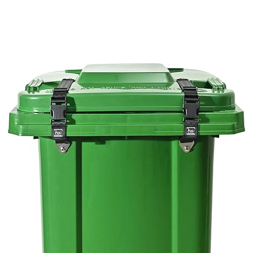 HX AURIZE Universal Trash Can Lid Lock Strap for Round & Square Bins - Sturdy Outdoor Garbage Lock - Raccoon, Dog & Small Animal Stopper - Secure Bolt-On Design (Drilling Required) Black 4 Pack