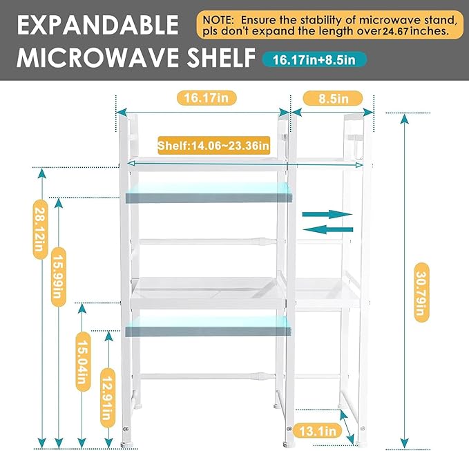 DOLALIKE Microwave Oven Rack, Expandable Microwave Stand Countertop Kitchen Utensils Tableware Storage, Carbon Steel Over Microwave Shelf Countertop 3 Tier with 3 Hooks