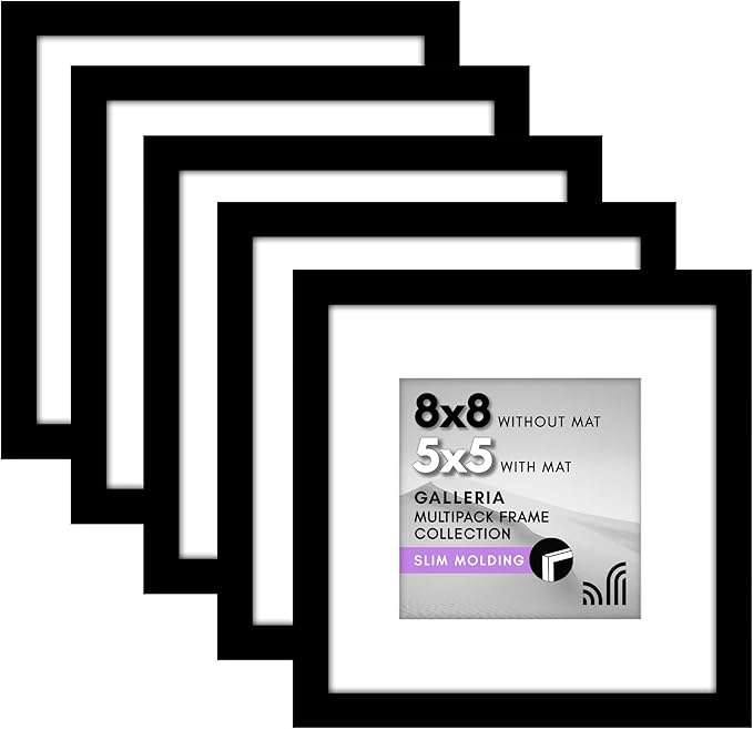 Americanflat 8x8 Picture Frame with Polished Plexiglass - Set of 5 - Use as 5x5 Frame with Mat or Display 8x8 Photo Without Mat - Galleria Collection - Square Frames for Tabletop and Wall - Black