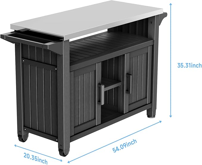 54" Portable Outdoor Table with Stainless Steel Top - Heavy Duty Resin BBQ Grill Cart & Pizza Oven Stand - All-Weather Kitchen Prep Station with Large Storage Cabinet & Smooth Wheels, Black