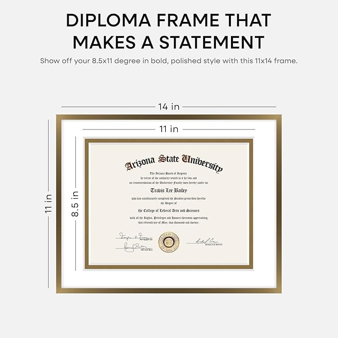 Homeforia 11x14 Diploma Frame Bronze, High End Metal 11 x 14 Certificate Frames with Mat 8.5 by 11, 11by14 Document Frame Matted to 8.5x11, Award Graduation Frames, Tempered Glass, Wall Kit, Set of 1