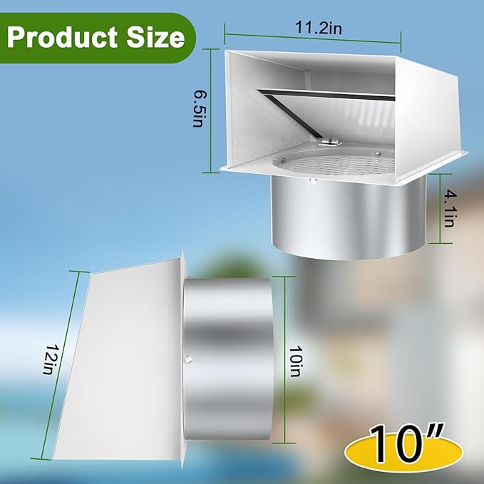 10 Inch Hooded Wall Vent, Dryer Wall Vent Cover Outside with Screen and Damper, Wall Exhaust Vent Cover, Outdoor Air Vent Cap for Range Hoods/Kitchen/Bathroom/Laundry/Basements/Garages, White