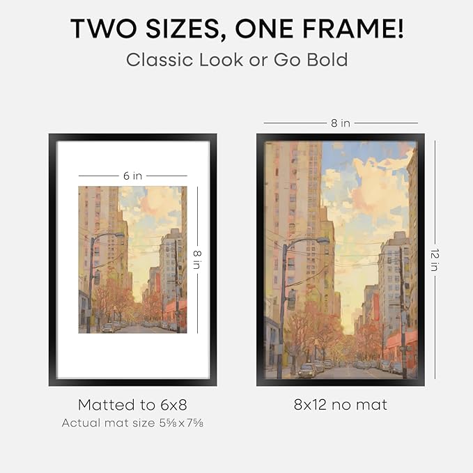 Homeforia 8x12 Picture Frame Black, High End Metal 8 x 12 Poster Frames with Mat 6 by 8 for Photo, 12x8 Frame Matted to 6x8 inch Print, 8by12 Wall or Tabletop Frame, Tempered Glass, Wall Kit, Set of 2