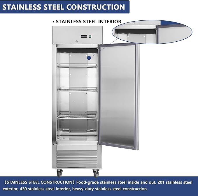 27”W Commercial Freezer Reach-in 18.68 Cu.Ft Single Solid Door, Stainless Steel Interior and Exterior Construction, Commercial Freezer Upright Fan Cooling Freezer for Restuarant, Bar, Shop and etc