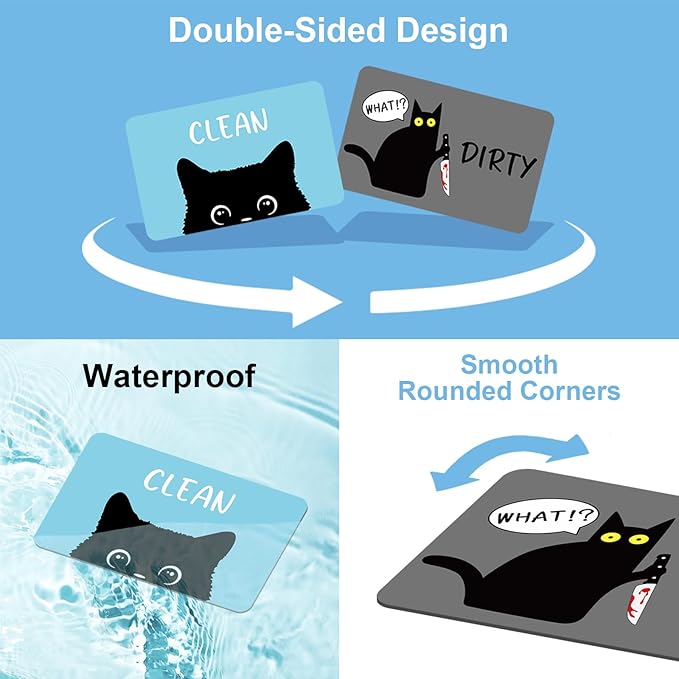Funny Black Cat Cartoon Clean Dirty Dishwasher Magnet, Washing Machine Magnets Flip, Cute Cat Refrigerator Clean Dirty Sign, Double Sided Reversible Non Scratch Dish Washer Magnet Sign (Blue&Gray)