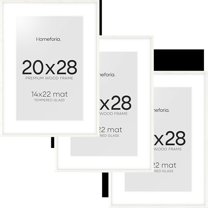 Homeforia 20x28 Picture Frame White, High End Oak 20 x 28 White Wood Poster Frames with Mat 14 by 22 Photo, 20x28 Wooden Frame Matted to 14x22, 28x20 Hanging Frames, Tempered Glass, Wall Kit, Set of 3