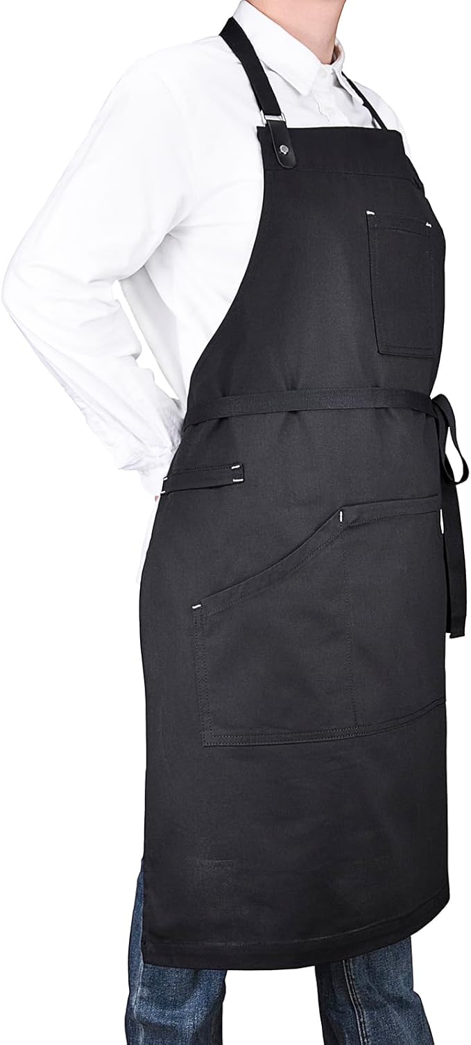 Apron with Pockets, Mens Womens Chef Bib Apron for Kitchen Cooking Grill BBQ Baking Server with Towel Loop