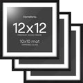 Homeforia 12x12 Black Wood Frame Matted to 10x10 Print, High End Oak 12 x 12 Square Picture Frame with Mat 10 x 10 for Photo, 12by12 Black Wooden Thin Poster Frames, Tempered Glass, Wall Kit, Set of 3