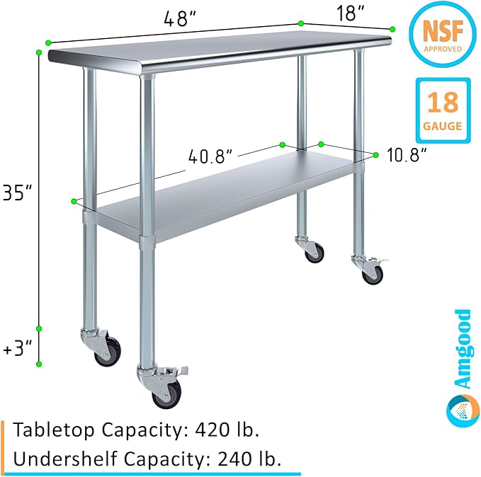 AmGood 48" Long x 18" Deep Stainless Steel Table with Casters