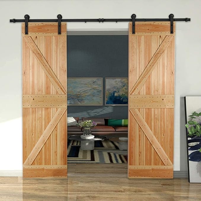 CCJH 18FT Sliding Barn Door Hardware Kit, Heavy Duty, Smoothly and Silently, Easy to Install, Fit 54" Width Double Door Panel, I Shaped Hangers Black
