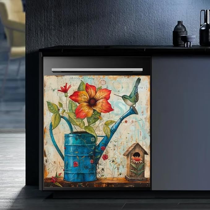 Farm Floral Watering Can Dishwasher Magnet Cover,23" x 26" Dishwasher Cover,Retro Countryside Bird House Magnetic Decal Vinyl Sticker Kitchen Decor Refrigerator Magnets Self Adhesive Wrap