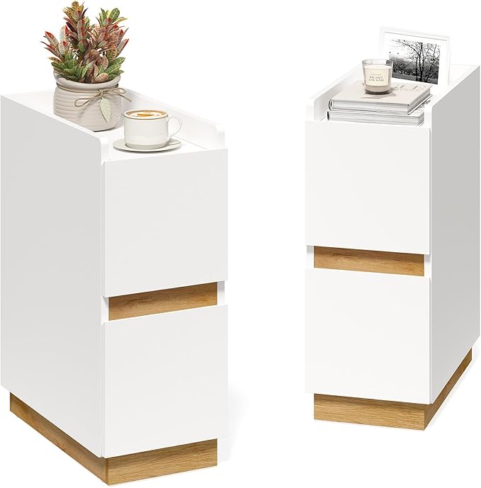 Narrow Night Stands, Modern Slim Nightstand Set of 2, Wooden Skinny Bedside Table 2 Drawers, Stackable Narrow Side Table with Drawers for Small Spaces, Bedroom, Living Room, White