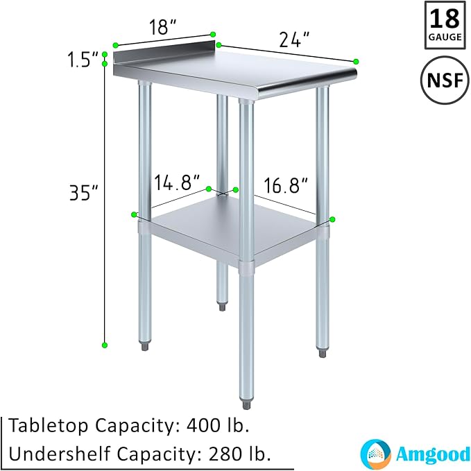 AmGood Stainless Steel Work Table with 1.5" Backsplash | Metal Kitchen Food Prep Table | NSF (18" Long x 24" Deep)