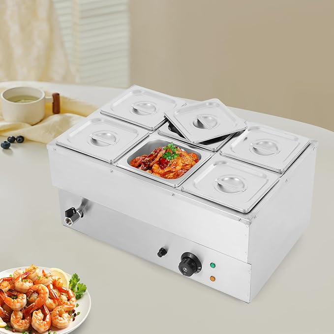 1500W Electric Commercial Food Warmer,6 Pan Stainless Steel Buffet Steam Table,Bain Marie Buffet Countertop with Temperature Control & Lid for Parties,Catering,Restaurants 110V