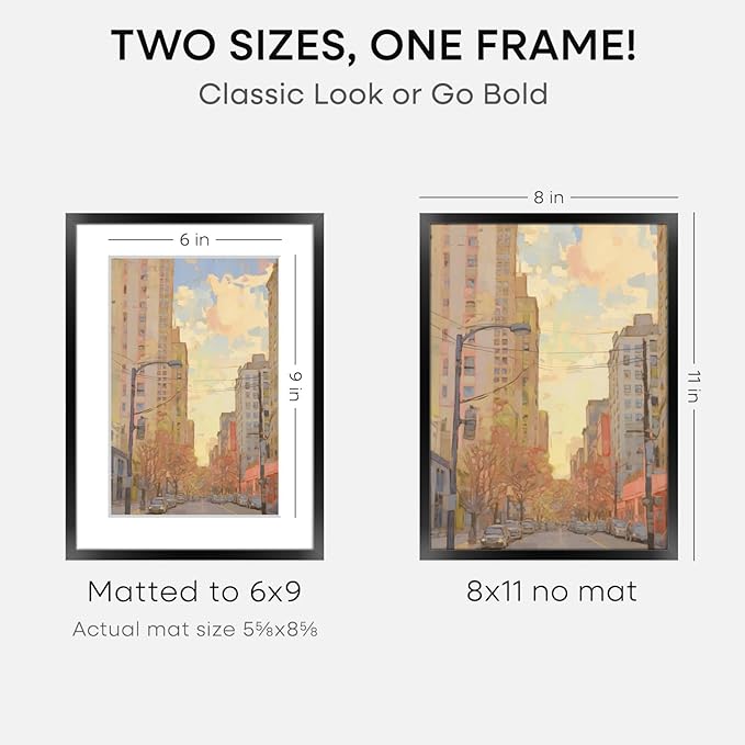Homeforia 8x11 Picture Frame Black, High End Metal 8 x 11 Poster Frames with Mat 6 by 9 for Photo, 11x8 Frame Matted to 6x9 inch Print, 8by11 Wall or Tabletop Frame, Tempered Glass, Wall Kit, Set of 2