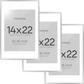 Homeforia 14x22 Picture Frame Silver, High End Metal 14 x 22 Frame with Mat 12 by 16 Photo, 14x22 Silver Poster Frame Matted to 12x16 in Print, 22x14 Hanging Frames, Tempered Glass, Wall Kit, Set of 3