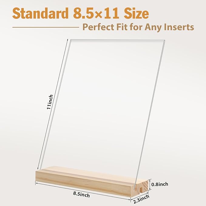 6pack 8.5x11 Acrylic Sign Holder with Wood Base for Picture Frames,L/T Shape Double Slot Design for Vertical or Slant Back Display, for Restaurant, Office, School, Store and Home Use