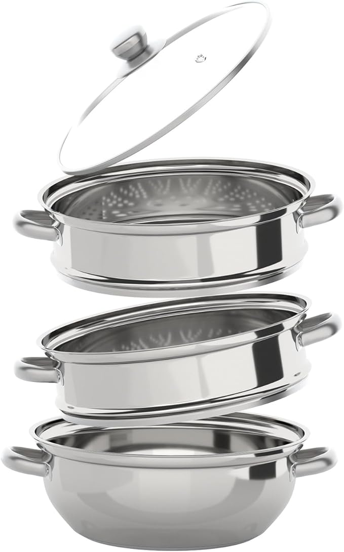 3-Tier Stainless Steel Steamer Pot for Cooking, 11"L Food Steam Pots with Transparent Lid & Rivets Handles, Multi-functions Kitchen Cookware for Cooking, Steaming and Boiling