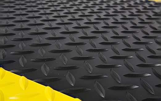 Wearwell Diamond-Plate SpongeCote Mat - Black/Yellow. Anti-Fatigue Workstation Mat. 3' W x 5' L x 9/16" Thickness. Nitricell Sponge. Safety Beveled Edge. For Industrial Use (415.916x3x5BYL)