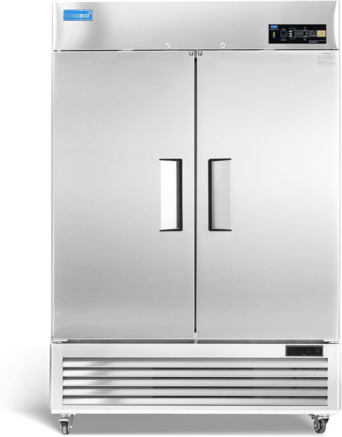 ICECASA 54"W Commercial Freezer Reach-in 49 Cu.ft 2 Solid Door Stainless Steel Commercial Freezer Fan Cooling for Restuarant, Bar, Shop, etc