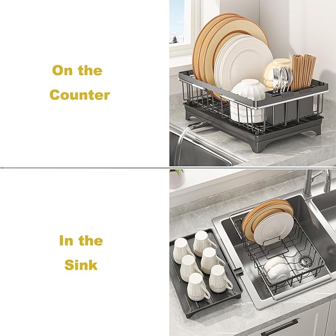 Expandable Dish Drying Rack Over Sink, Space-Saving Dish Racks for Kitchen Counter, Dish Drainer Rack in Sink with Removable Utensil Holders, 11.2" D x 14.5" W x 4.5" H, Black