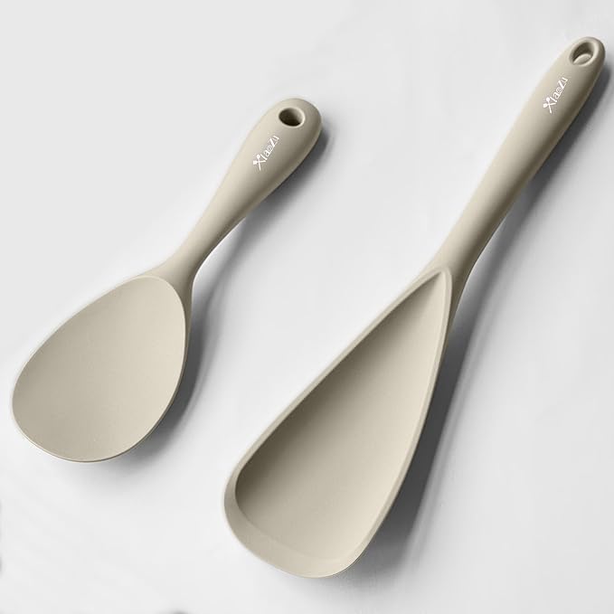 Cooking Spoon and Rice Scooper Set for Nonstick Cookwares, Heat Resistant- Seamless Design, Great for Cooking, Serving, Mixing, Scoop, and Scrape,2 Pack, Khaki