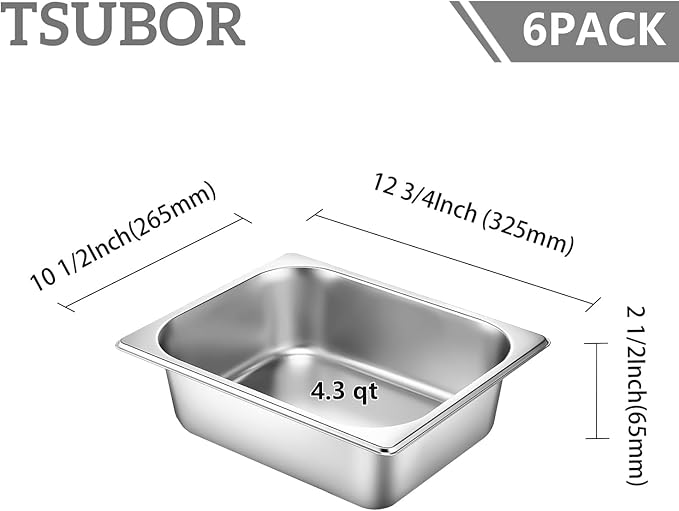 6 Set Stainless Steel Hotel Pans 1/2 Size 2 1/2 Inch Deep With Lids, Anti-Jam Chafing Steam Table Pans, Catering Food Storage Metal Pan