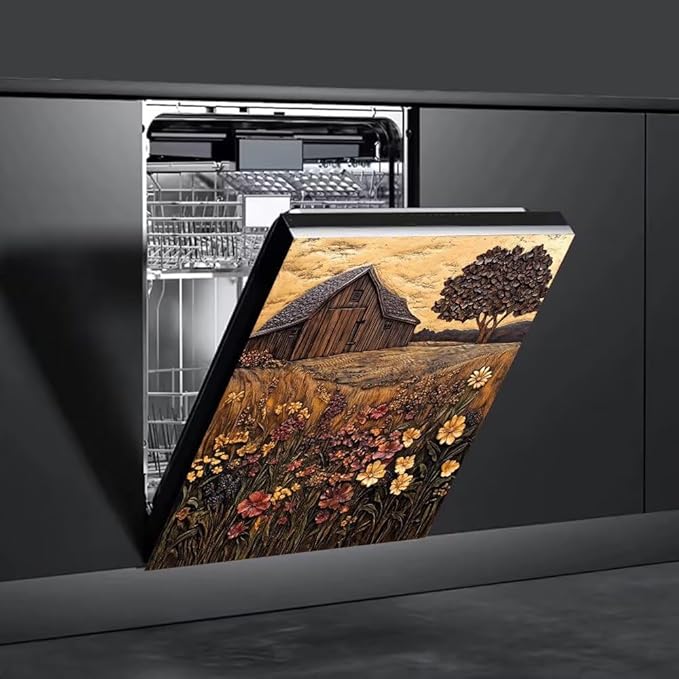 Farmhouse Barn Scene Flowers Magnetic Dishwasher Cover Vinyl Sticker,Vintage Wooden Floral Dishwasher Magnet Cover,Rustic Fridge Door Cover Magnets Art Skin Panel Decal for Home Decor, 23"X26"