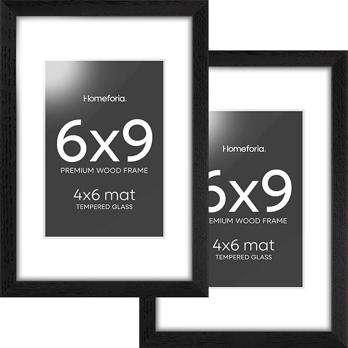 Homeforia 9x6 Black Wood Frame, High End Oak 6x9 Black Wooden Picture Frames with Mat 4x6 Print, 6 x 9 Frame Matted to 4 by 6 inch Photo, 6x9 Wall or Tabletop Frames, Tempered Glass, Wall Kit, Set of 2