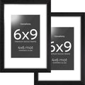 Homeforia 9x6 Black Wood Frame, High End Oak 6x9 Black Wooden Picture Frames with Mat 4x6 Print, 6 x 9 Frame Matted to 4 by 6 inch Photo, 6x9 Wall or Tabletop Frames, Tempered Glass, Wall Kit, Set of 2