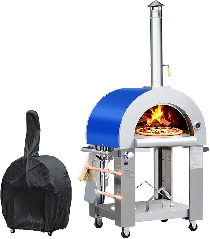 32.5" Dual Fuel Pizza Oven - Wood Fired or Propane Gas Fueled, Large Outdoor Oven with 4 Casters, 8 pcs Pizza Stones for BBQ, Grilling, 430 Stainless Steel Pizza Oven for Backyard, Camping and Party
