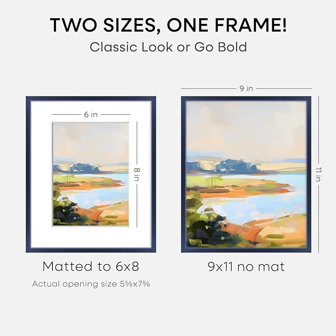 Homeforia 9x11 Navy Blue Frame, High End Metal 9 x 11 Picture Frames with Mat 6 by 8 inch Photo, 9by11 Poster Frame Matted to 6x8 Print, 11x9 Wall or Tabletop Frame, Tempered Glass, Wall Kit, Set of 1