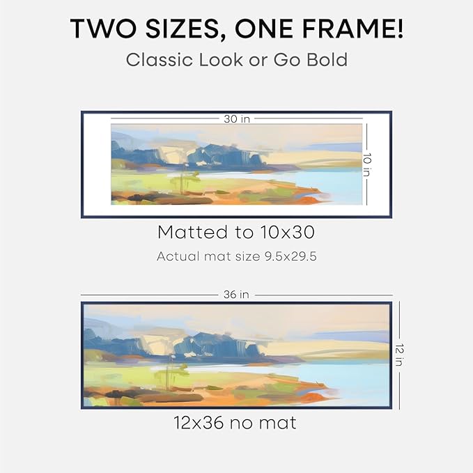 Homeforia 12x36 Navy Blue Picture Frame, High End Metal 12by36 Poster Frames with Mat 10x30 Photo, 12 x 36 Navy Blue Frames Matted to 10 x 30, 36x12 Panoramic Frame, Tempered Glass, Wall Kit, Set of 1
