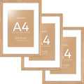 Homeforia A4 Picture Frame Wood, High-End Natural Oak 8.3 x 11.7 Wooden Poster Frames Matted to 5.8 by 8.3 inch Photo, A4 Size Light Wooden Frames with Mat A5 Print, Tempered Glass, Wall Kit, Set of 3