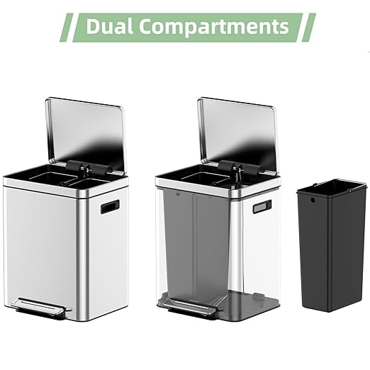 Dual Compartment Trash Can - 2 X 5.3 Gal (2 x 20L) Stainless Steel Trash Can, Double Sorting Bin with Soft Close Lids, Removable Inner Bucket, Step-on Recycling for Kitchen Home Office