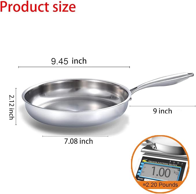 DELARLO Tri-Ply Stainless Steel Skillet, 9 inch Frying Pan, All Stove Compatible Up to 600℉, Fast Even Heat, Steak Pan, Heavy Duty Omelette Pan, Kitchen Small Egg Frying Pan 9in