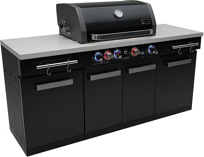 Mont Alpi Premium 70"W x 24"D Black Stainless Steel Compact Outdoor Kitchen Island with Access Doors + 32"W 4-Burner BBQ Grill with Infrared Rear Burner + Storage Cabinets + White Granite Countertops