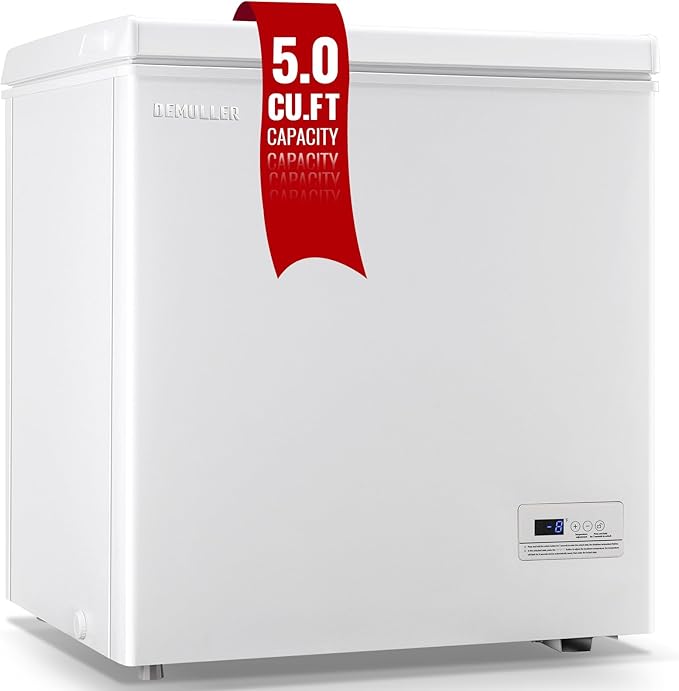 Chest Freezer 5.0 Cubic Feet Freezers with Temperature Display Panel Small Deep Freezer 2 Removable Basket Top Open Door Freezer Ideal for Apartment Office Dorm White