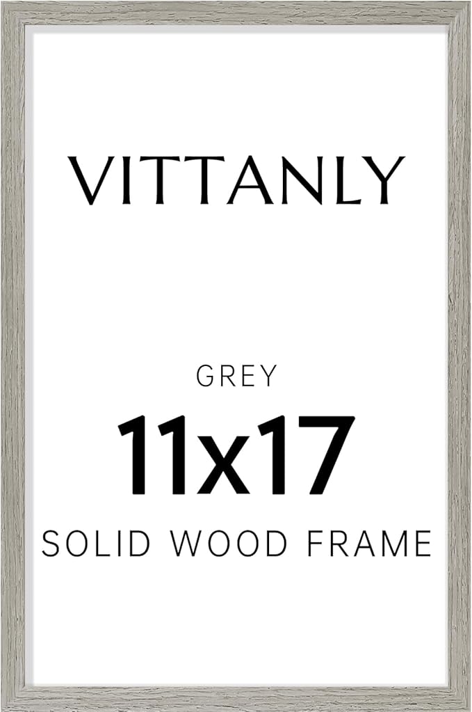 Vittanly 11x17 Picture Frame, Solid Wood Frame with Plexiglass, Includes 8x12 Mat, Wall Hanging for Photos, Home Decor, Grey, 1 Pack