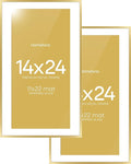 Homeforia 14x24 Picture Frame Gold, High End Metal 14x24 Poster Frames with Mat 11x22 Photo, 14 x 24 Gold Frame Matted to 11 by 22 Print, 24by14 Thin Hanging Frames, Tempered Glass, Wall Kit, Set of 2