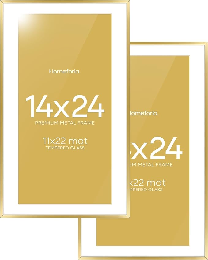 Homeforia 14x24 Picture Frame Gold, High End Metal 14x24 Poster Frames with Mat 11x22 Photo, 14 x 24 Gold Frame Matted to 11 by 22 Print, 24by14 Thin Hanging Frames, Tempered Glass, Wall Kit, Set of 2