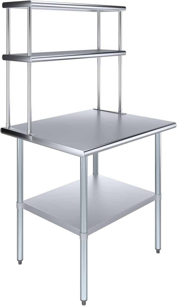 Amgood Stainless Steel Work Table Double Tier Overshelf 30" x 36" Work Table + 12" Overshelf