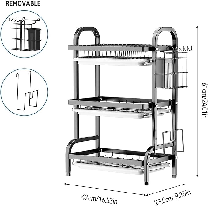 3-Tier Large Capacity Dish Drying Rack for Kitchen Counter - Rustproof Carbon Steel Multifunctional Dish Drainer with Removable Drain Tray, Cutlery & Cup Holders, Space-Saving Kitchen Organizer