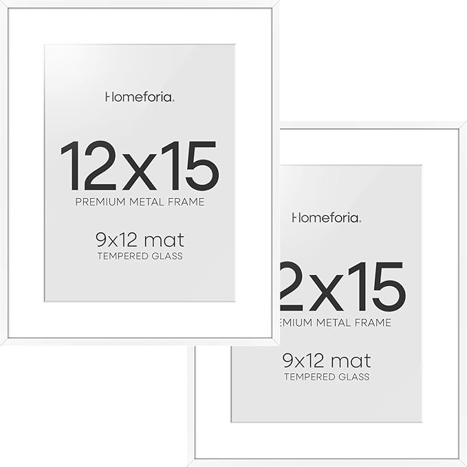 Homeforia 12x15 Picture Frame White, High End Metal 12x15 Poster Frames with Mat 9x12 for Photo, 12 x 15 White Frame Matted to 9 by 12 Print, 15x12 Thin Hanging Frame, Tempered Glass, Wall Kit, Set of 2