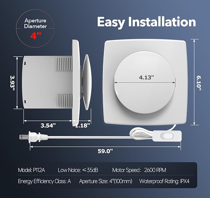 Bathroom Exhaust Fan with Switch, 2600RPM Upgraded Exhaust Fan 35dB Low Noise IPX4 Waterproof Household Ventilation Fans, Energy Saving Vent Fan for Attic Basement Garage Washroom P112A2