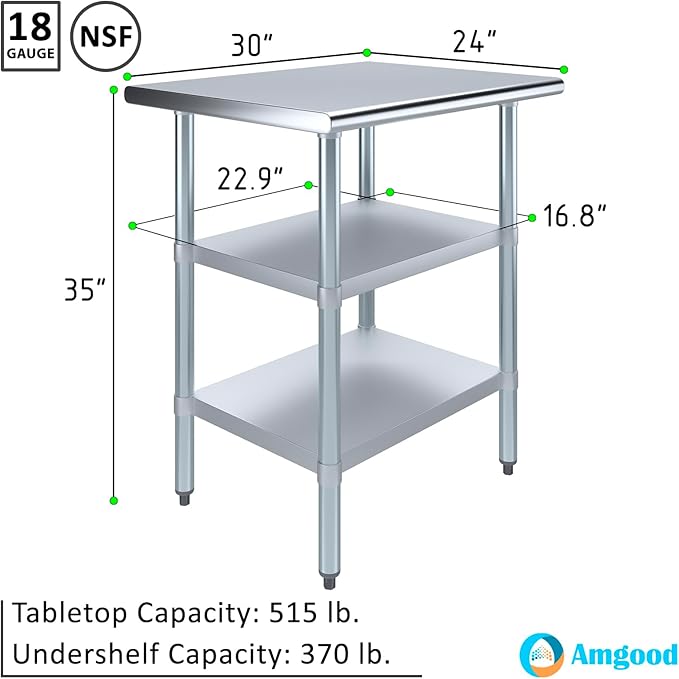 AmGood Stainless Steel Work Table with 2 Shelves | NSF | Metal Utility Table (30" Long x 24" Deep)