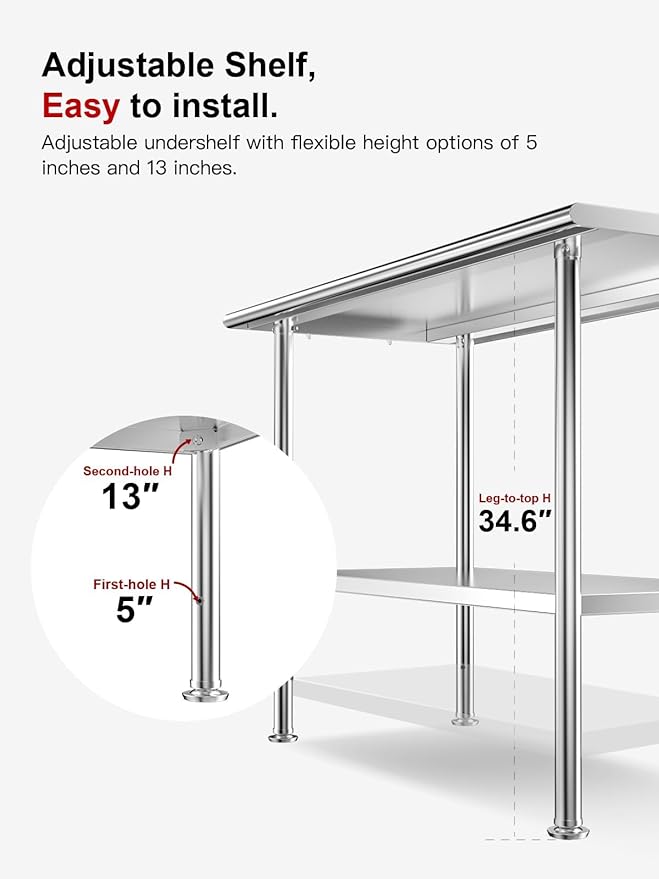 All-Stainless Steel Prep Table, 30 X 48 Inch, with Rounded-Edges and Adjustable Undershelf, Heavy-Duty Build for Outdoor Use,Restaurants,Hotels,Workshops,Kitchens,Gardens, and Garages