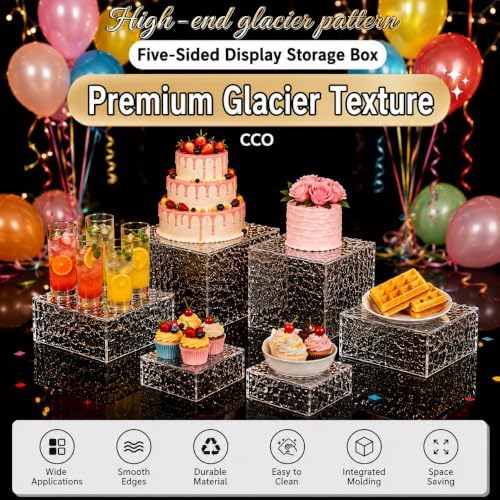 6 Pack Acrylic Buffet Risers with Mini Sign and Marker, Wave Texture Display Risers for Dessert Table, Food Display Stands for Parties, Weddings & Events, Clear Acrylic Cake Stand Set for Cupcakes, Appetizers & Decorations(8" 7" 6" 5" 4" 4" ") - Image 7
