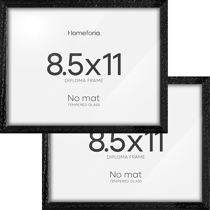 Homeforia 8.5x11 Diploma Frame Black Wood, High End Oak 8.5 x 11 Certificate Frames, 11x8.5 Black Document Frames for Wall or Tabletop, 8.5 by 11 Award Wooden Frame, Tempered Glass, Wall Kit, Set of 2