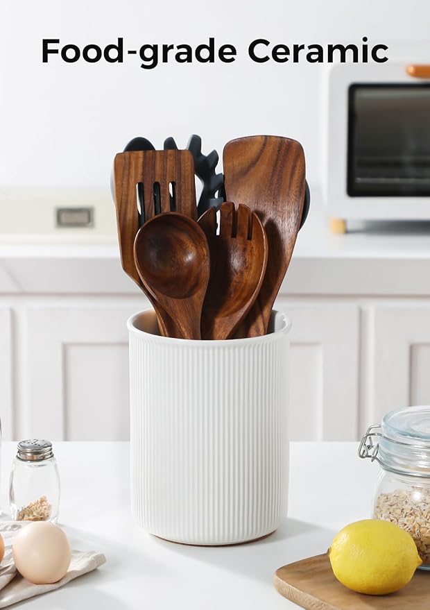 LoeJan Utensil Holder, Extra Large Utensil Crock, Stable Ceramic Utensil Organizer, Cooking Tool Organizer Set for Kitchen Counter Farmhouse Decor (E-6.7" White)